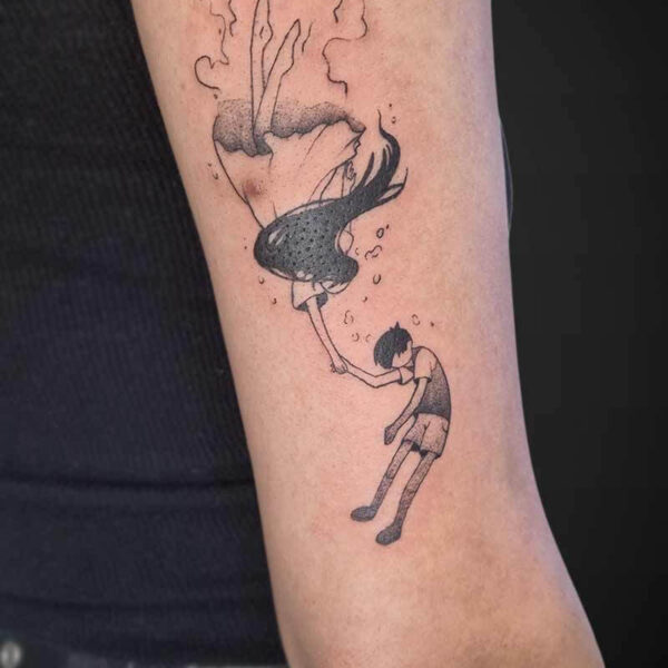 Atticus Tattoo| Video Games| Omori| Black and grey tattoo of Sunny and Mari from "Omori"