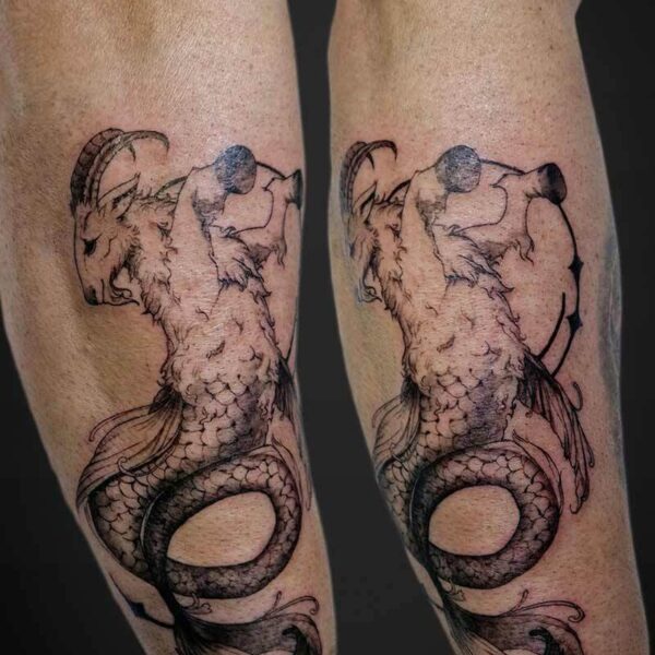 Atticus Tattoo| Illustrative tattoo of a Capricorn goat