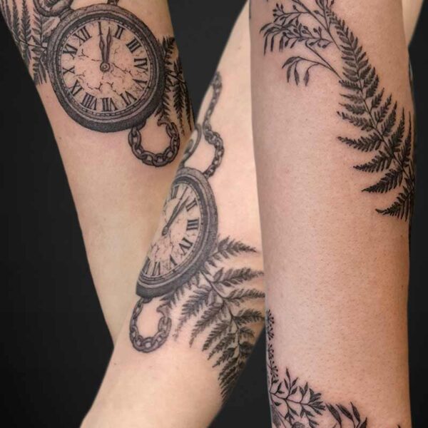 realism-tattoo-ferns-pocket-watch