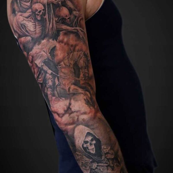 Black and Grey Realism Tattoo- Apocalypse Atticus Tattoo| Black and grey realism tattoo of imagery of the apocalypse