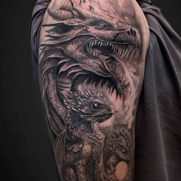 Black and Grey Realism Tattoo- Dragon Family Atticus Tattoo| Black and grey realism tattoo of a mother dragon with baby dragons
