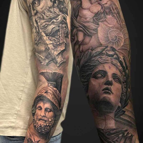Black and Grey Realism Tattoo- Ancient Greece Atticus Tattoo| Black and grey realism tattoo of statues and characters from Ancient Greece