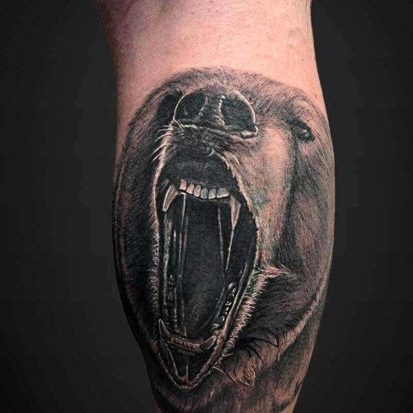Black and Grey Realism Tattoo- Grizzly Bear Atticus Tattoo| Black and grey realism tattoo of a bear roaring