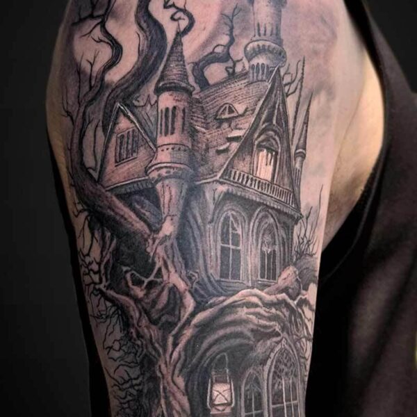 Black and Grey Realism Tattoo- Haunted House Atticus Tattoo| Black and grey realism tattoo of a haunted house