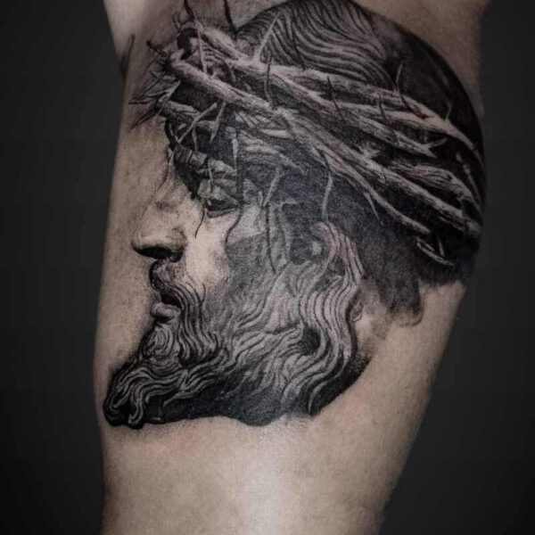 Black and Grey Realism Tattoo- Jesus Atticus Tattoo| Black and grey realism tattoo of Jesus