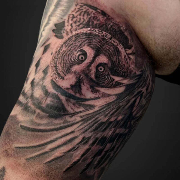 Black and Grey Realism Tattoo- Great Grey Owl Atticus Tattoo| Black and grey realism tattoo of a great grey owl