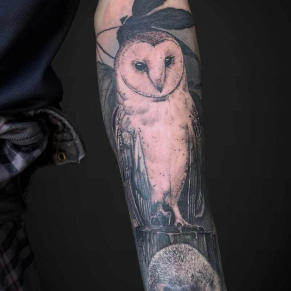 Black and Grey Realism Tattoo- Owl and Hedgehog Atticus Tattoo| Black and grey realism tattoo of a barn owl and hedgehog