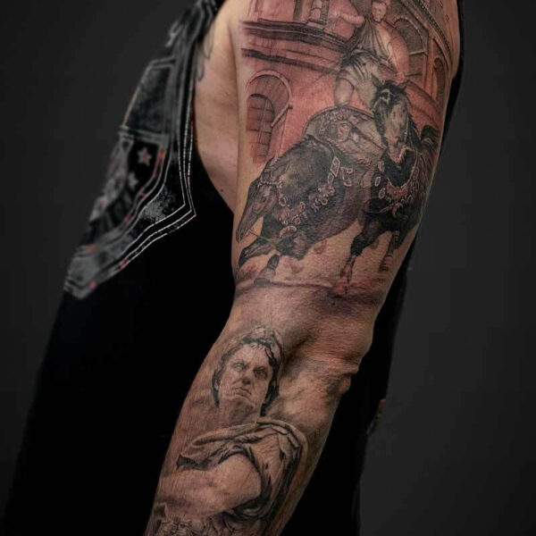 Black and Grey Realism Tattoo- Ancient Rome Atticus Tattoo| Black and grey realism tattoo of a Caesar, Roman colosseum and chariot