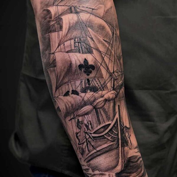 Black and Grey Realism Tattoo- Sailing Ship Atticus Tattoo| Black and grey realism tattoo of a sailing ship