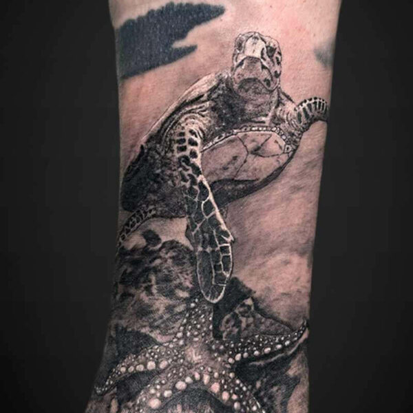 Black and Grey Realism Tattoo- Sea Turtle and Starfish Atticus Tattoo| Black and grey realism tattoo of a sea turtle and starfish