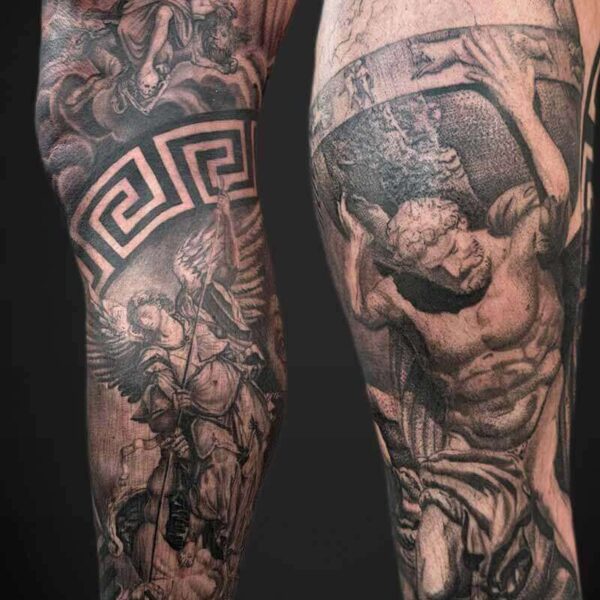 Black and Grey Realism Tattoo- Renaissance Atticus Tattoo| Black and Grey realism tattoo of Renaissance artwork