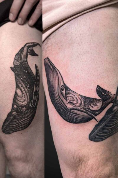 Atticus Tattoo| Black and grey tattoo of humpback whales with outer space in their bodies