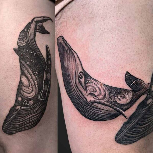 Black and Grey Tattoo- Space Whales Atticus Tattoo| Black and grey tattoo of humpback whales with outer space in their bodies