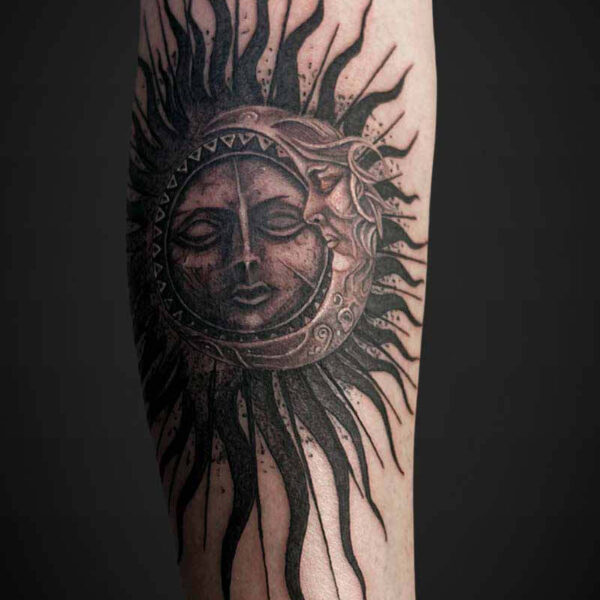 Black and Grey Tattoo- Sun and Moon Atticus Tattoo| Black and grey tattoo of the sun and moon