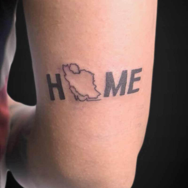 Blackwork Tattoo- Home Atticus Tattoo| Blackwork tattoo of the word "HOME" with the "O" being the shape of Iran