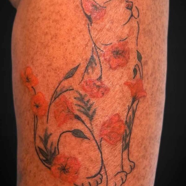 Colour Tattoo- Cat and Flowers Atticus Tattoo| Colour tattoo of the outline of a cat with orange flowers throughout it's body