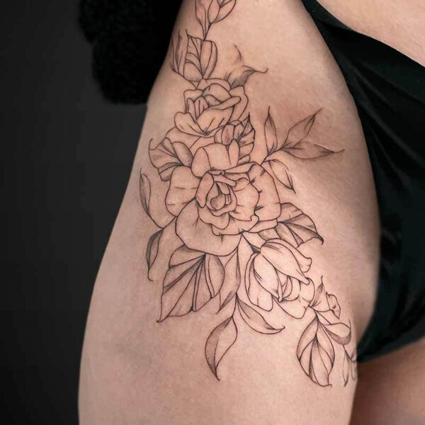 Atticus Tattoo| Fineline tattoo| Rose tattoo| Tattoos for women| Fineline tattoo of roses and leaves