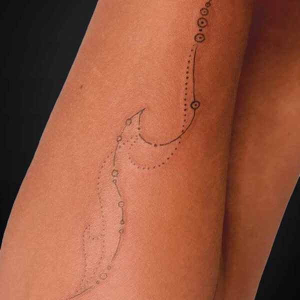 Fineline Tattoo- Waves Atticus Tattoo| Fineline tattoo of waves, dots a seashell and sun