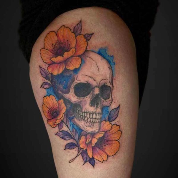 neotraditional-tattoo-skull-flowers
