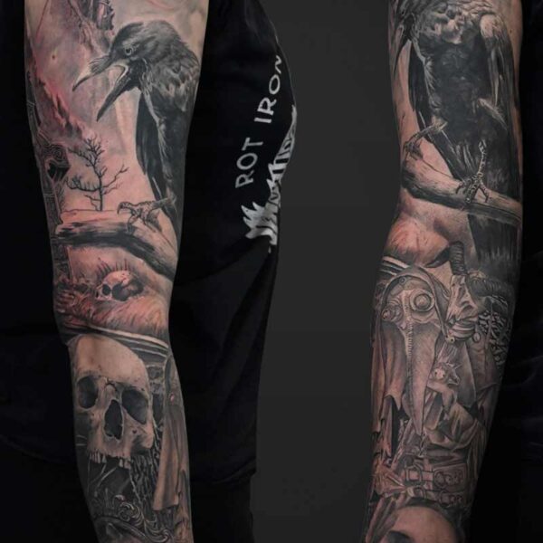 Black and Grey Realism Tattoo- Gothic Sleeve Atticus Tattoo| Black and grey realism tattoo of a castle, rave, cross, skull, bat and plague doctor