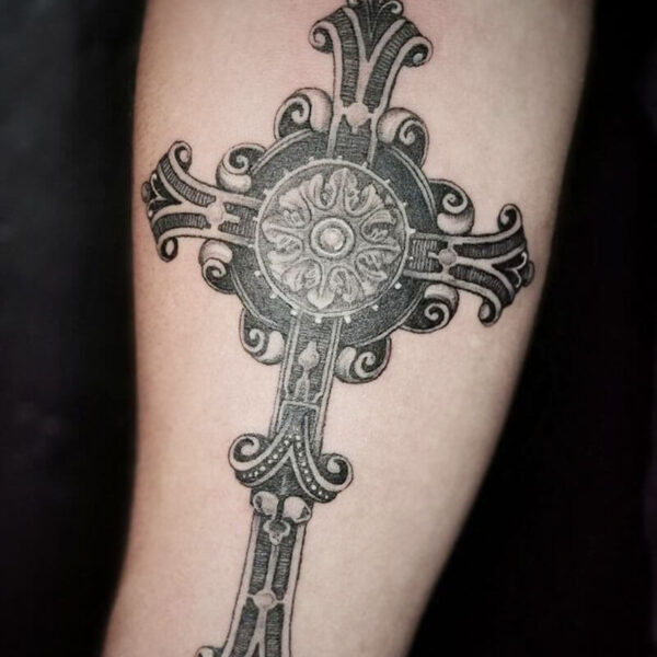 Black and Grey Realism Tattoo- Ornamental Cross Atticus Tattoo| Black and grey realism tattoo of an ornamental cross