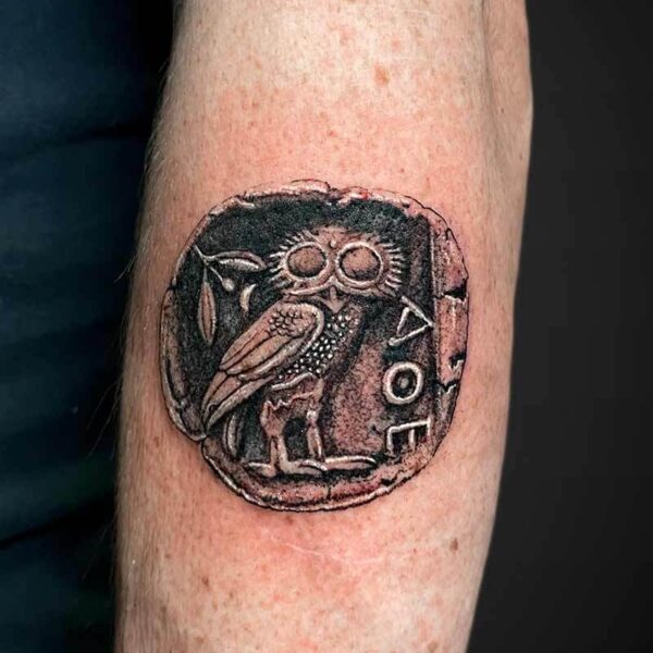 Black and Grey Realism Tattoo- Greek Coin Atticus Tattoo| Black and grey realism tattoo of an ancient Greek coin