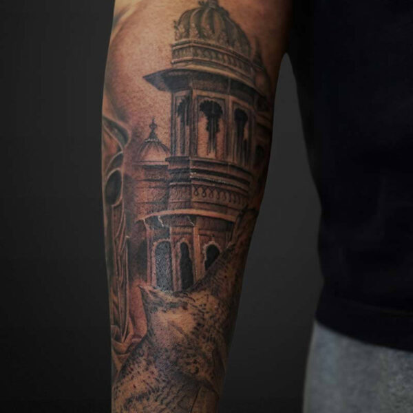 Black and Grey Realism Tattoo- Palace and Falcon Atticus Tattoo| Black and grey realism tattoo of a palace and falcon