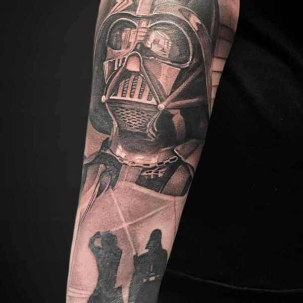 Black and Grey Realism Tattoo- Darth Vader Atticus Tattoo| Black and grey realism tattoo of Darth Vader and a scene of him fighting Luke Skywalker