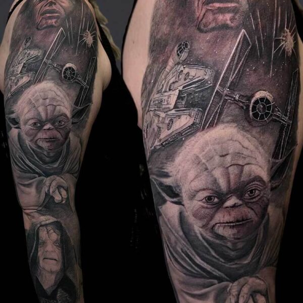 Black and Grey Realism Tattoo- Star Wars Sleeve Atticus Tattoo| Black and grey realism tattoo of Star Wars characters and ships
