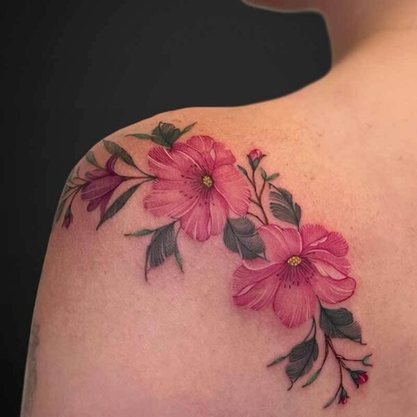 fineline-colour-tattoo-pink-flowers fineline-colour-tattoo-pink-flowers