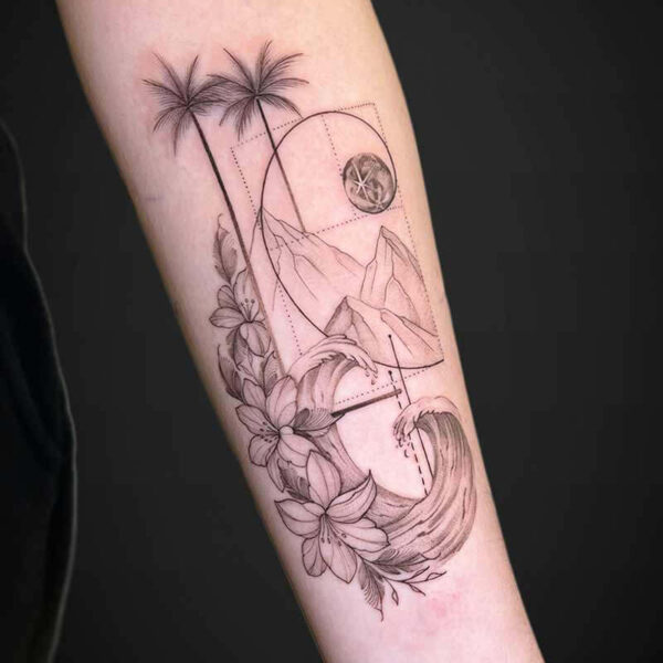 fineline-tattoo-ocean-mountains-flowers fineline-tattoo-ocean-mountains-flowers