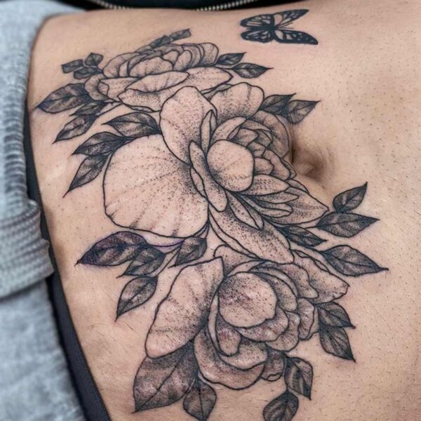 fineline-tattoo-peonies-butterflies