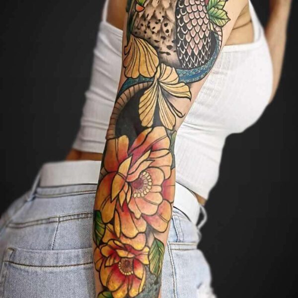 neotraditional-tattoo-flowers-hawk-snake