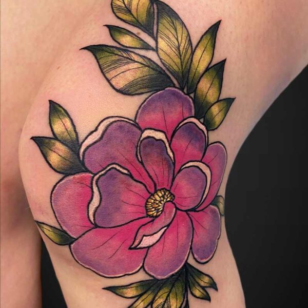 neotraditional-tattoo-pink-flower-leaves