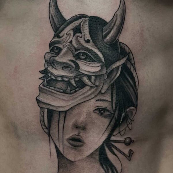 blackgrey-tattoo-oni-mask-woman
