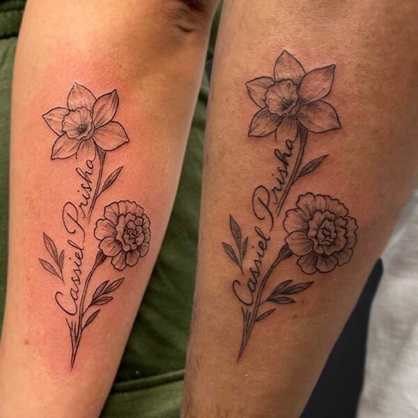 fineline-matching-tattoos-flowers-name
