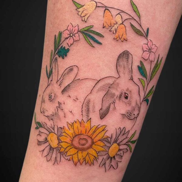 fineline-tattoo-rabbits-flowers