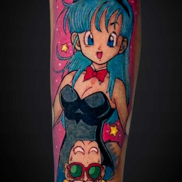 Colorful tattoo of a blue-haired anime girl in a black bunny outfit on a pink starry background, with a small bearded man in glasses at her feet.