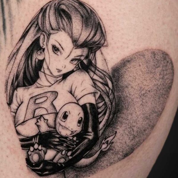 Tattoo of an anime girl with long hair cradling a Charmander against a heart-shaped shadow background.
