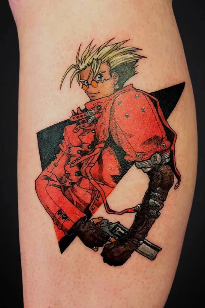 Tattoo of a spiky blond-haired anime-style character in a red coat with a large blade, angled on the leg.