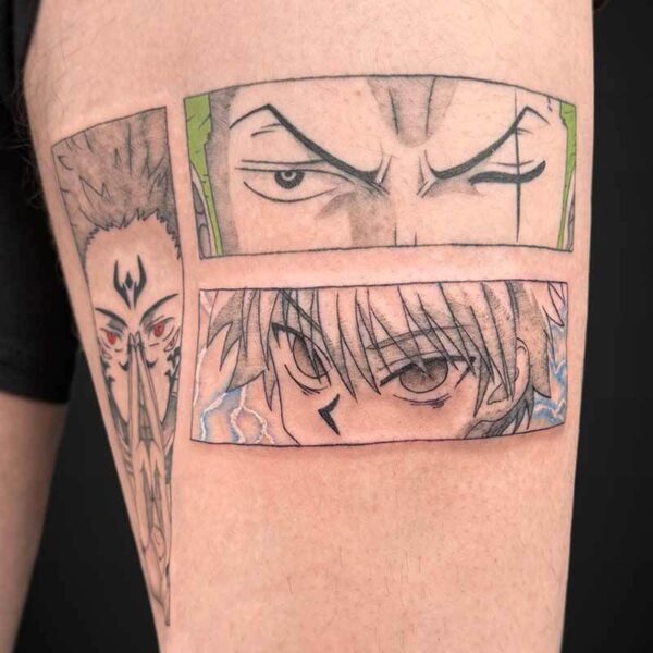 Forearm tattoo with three rectangular manga panels showing close-up eyes and intense facial expressions on each panel.