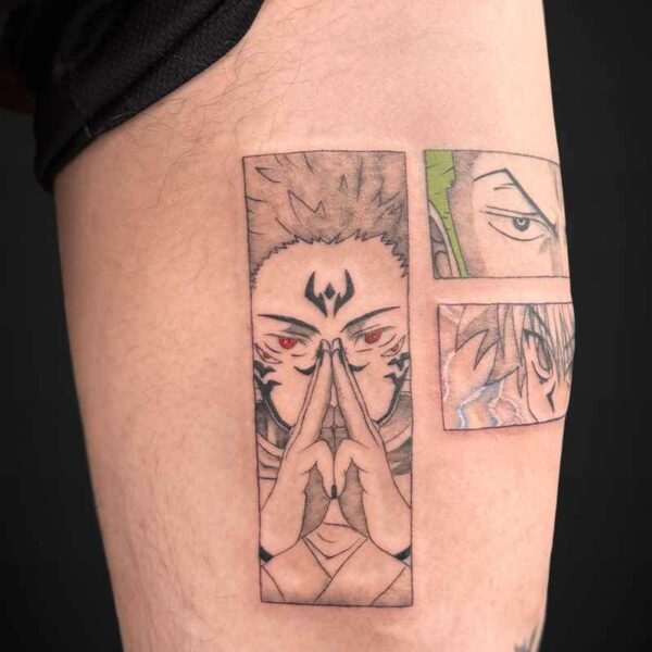Vertical tattoo panel showing a character with spiky hair, red eyes, and hands pressed together in a prayer gesture, with outlined smaller panels to the right.