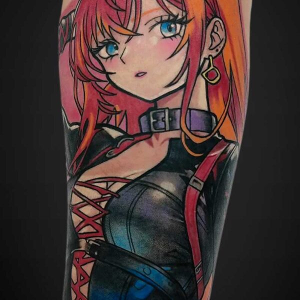 Colorful anime-style tattoo of a girl with pink‑orange hair, blue eyes, a choker, and lace-up black outfit on the forearm