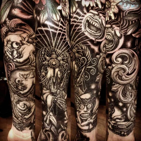 Multiple tattooed arms shown side by side with intricate black and gray sleeve designs and fantasy imagery.