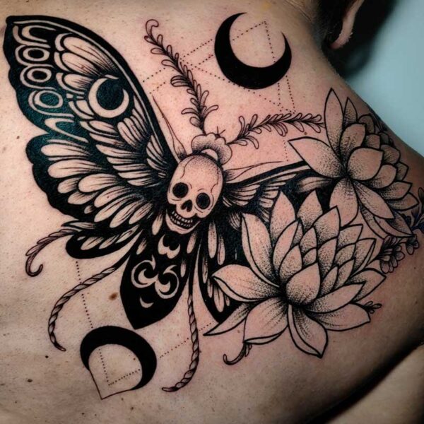 Back tattoo of a large black moth with a skull body, surrounded by lotus flowers and crescent moon accents on the shoulder/neck area.