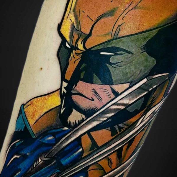 Close-up of a colorful tattoo depicting a masked, armored ninja character with two swords across the chest on skin.