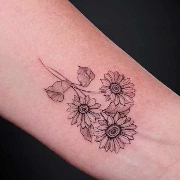 Line-drawn tattoo of three sunflowers with leaves on the inner ankle.
