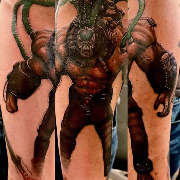Collage of a dark fantasy tattoo on the leg: a muscular demon with tentacles and armor across the thigh and shin.