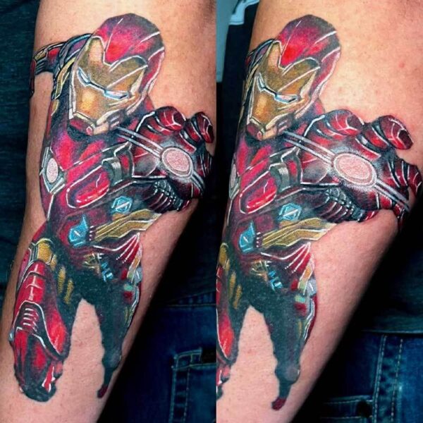 Colorful Iron Man armor tattoo wrapping around a forearm, shown from two angles in a split photo.