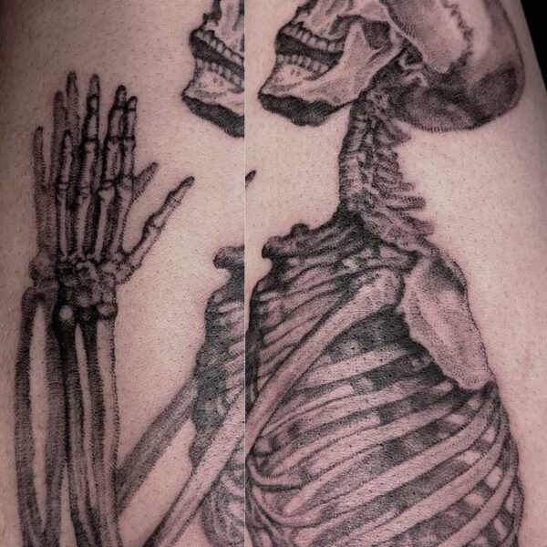 Two-panel arm tattoo: left shows a skeletal hand, right shows a skull with ribcage in profile.